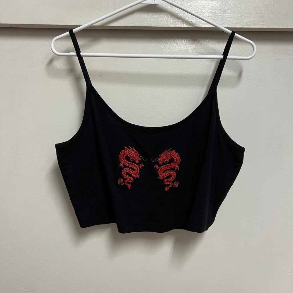 Urban Outfitters UO Embroidered Red Dragon Cropped Tank Top Black